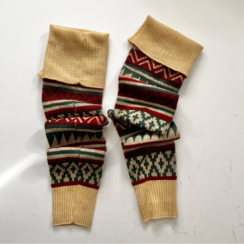 Vintage Fair Isle Tan Multicolored Leg Warmers Boot Socks